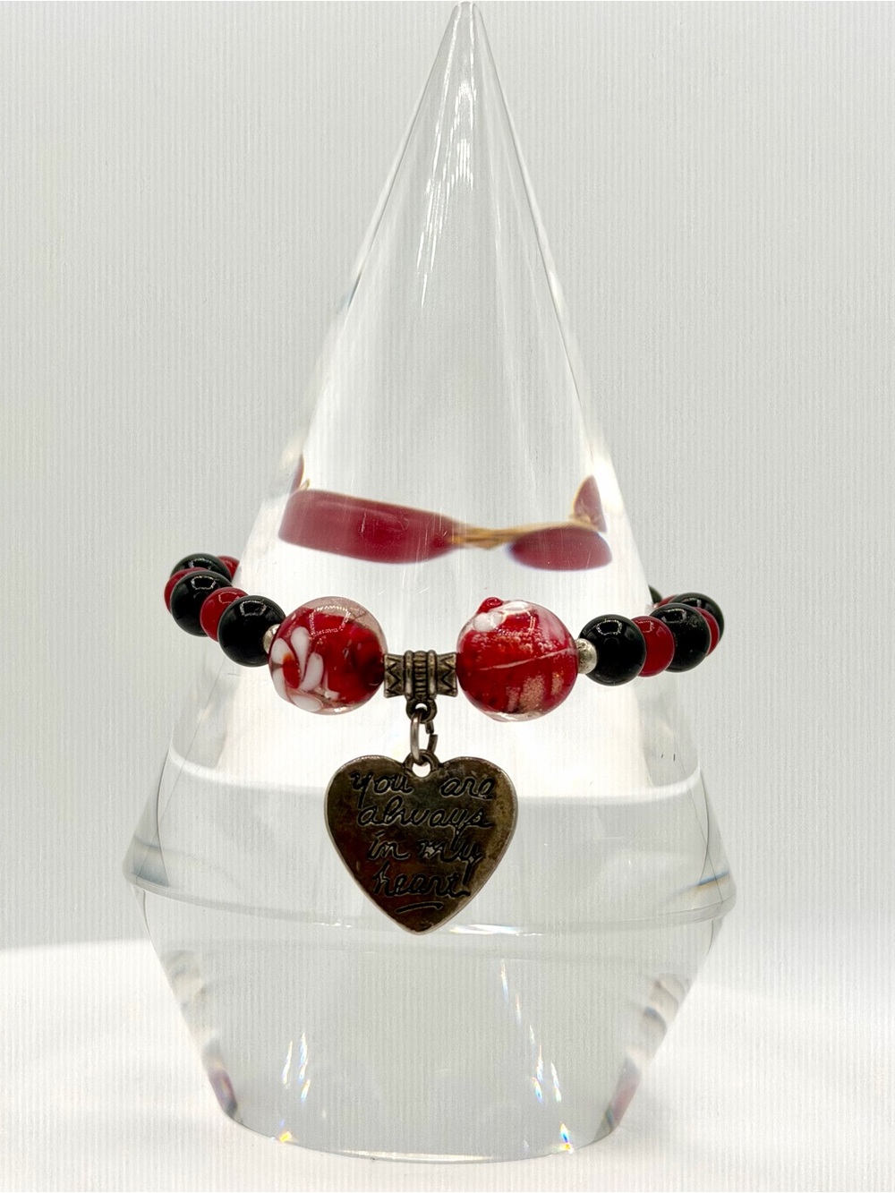 “You Are Always in My Heart” Lamp Work Red & Black Glass Bead Stretch Bracelet
